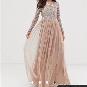 Beaded and chiffon blush taupe gown